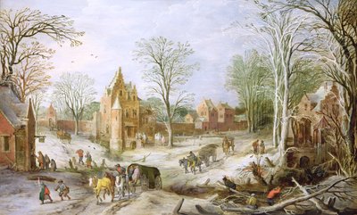 Ein bewaldetes Winterlandschaft mit einem Wagen von J. and Momper, J. de Brueghel
